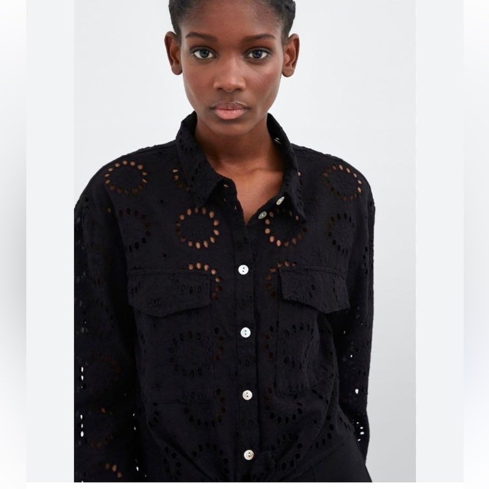Zara Black Boxy Eyelet Long Sleeve Jacket Top